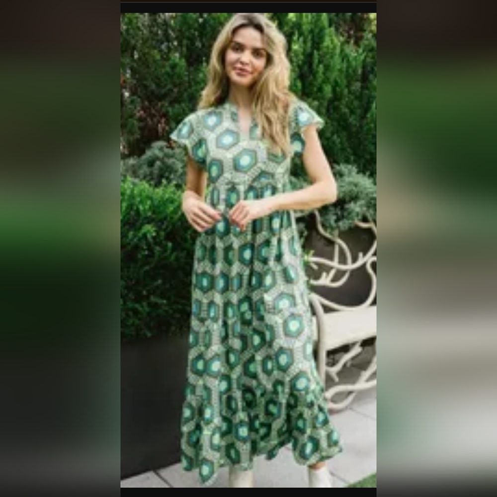 ☘️ NEW 100% Cotton Briton Court Jenny Geo Dress In Limelight, Small - Picture 3 of 10